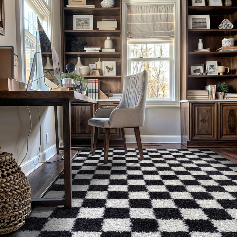 Block Pattern Shag Rug – Anthracite Dark Gray – Medium Pile, Durable & Easy To Maintain, Rectangle 5' x 7'