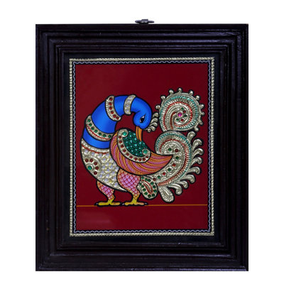 Paon, peinture de Tanjore | Couleurs traditionnelles avec or 24 carats | Structure en bois de teck | Fait à la main