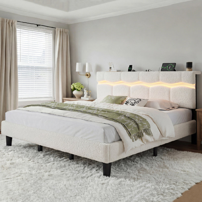 Lit tapissier Boucle, Beige, Très grand lit