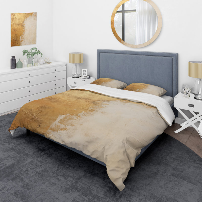Gold Abstract Split I - Abstract Duvet Cover Set - Microfiber Polyester, King Duvet Cover + 2 King Shams