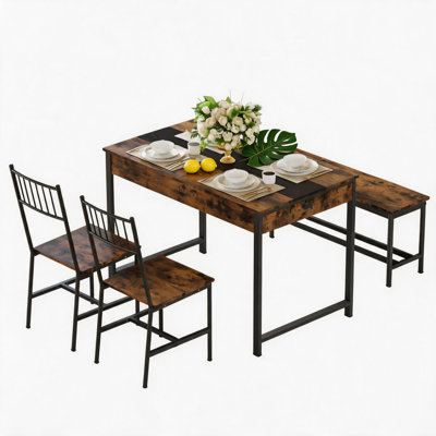 Ensemble table et chaises de cuisine 4 pièces pour 4 personnes, table de cuisine industrielle de 118 cm avec banc de rangement et 2 chaises, tiroirs intégrés et étagère sous le banc, structure métallique robuste, idéal pour les petits appartements.