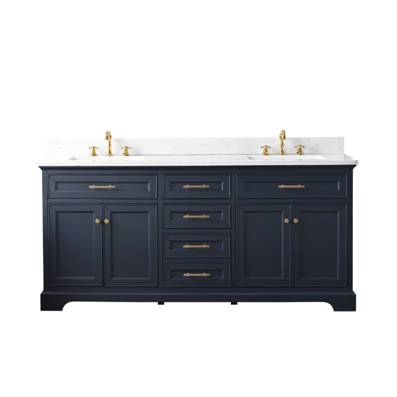 Meuble-lavabo double avec plateau en pierre artificielle Currahee, Bleu indigo / or brossé