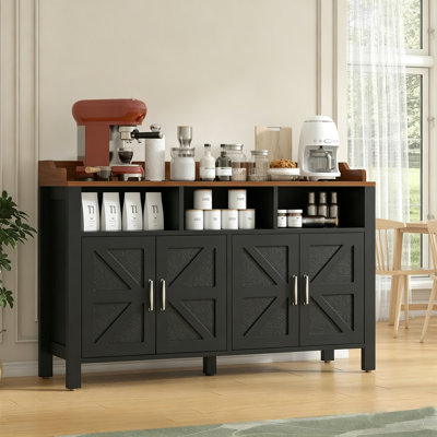 Buffet en bois de 55 pouces, armoire de style campagnard avec 4 portes et rangement ouvert pour la salle à manger, noir