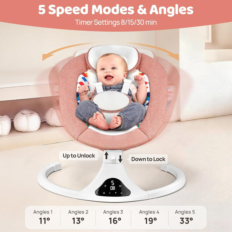 Balancelle pour bébé avec télécommande, minuterie 5 vitesses et 12 mélodies, rose