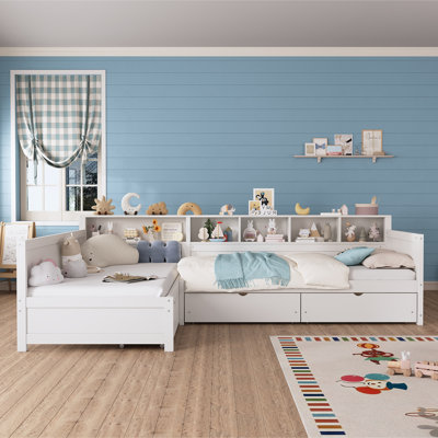 Lit de jour simple en forme de L pour deux personnes, structure d'angle en bois avec 3 tiroirs et bibliothèque, idéal pour la chambre à coucher et le salon, blanc