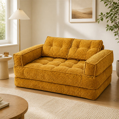 51.18" 2‑Seater Modular Corduroy Sofa with Chaise Lounge, Orange, 2‑in‑1 Boneless Convertible Floor Couch, Lazy Double Sofa with Armrest for Living Ro