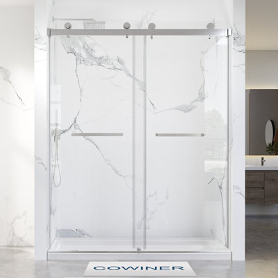 Porte de douche coulissante double sans cadre de 66 à 72 po x H 76 po en chrome avec verre trempé transparent de 16 8 mm 5/ de 5/16 po