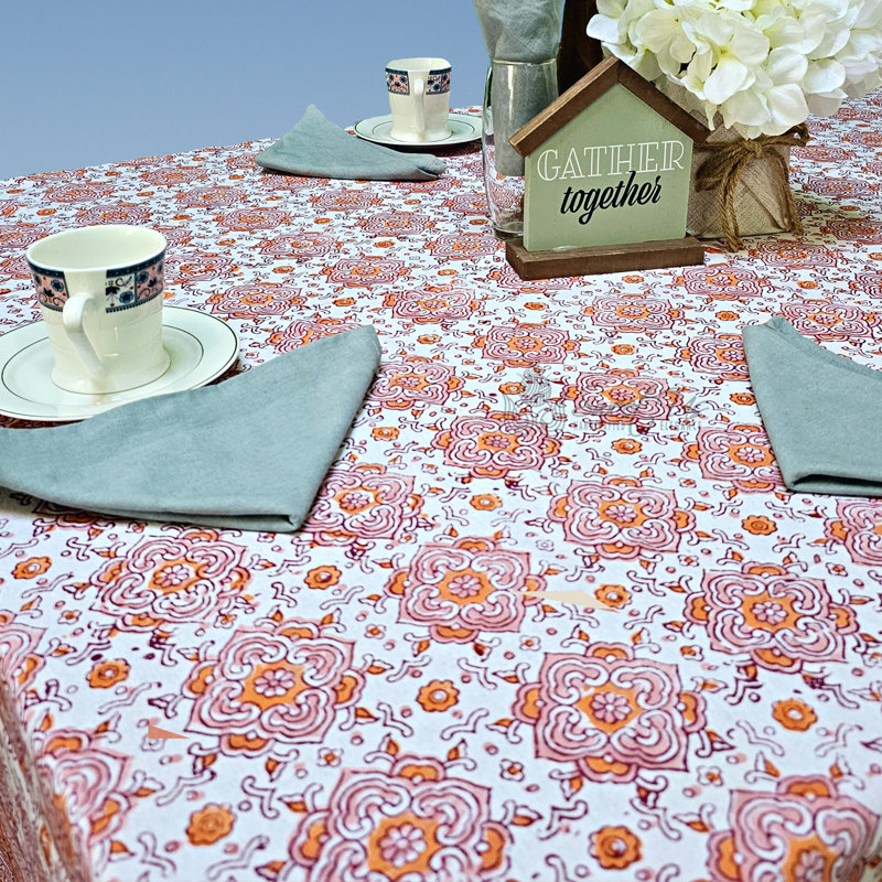 Handmade Floral 100% Cotton Tablecloth Collection, 90" x 60", Peach