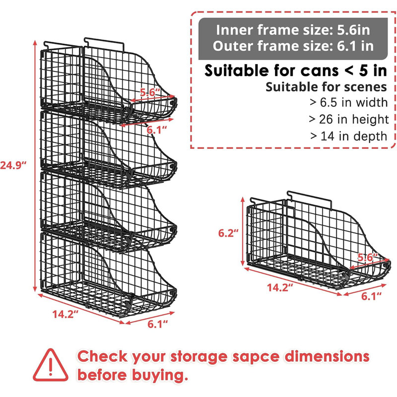 Ensemble de 4 boîtes de rangement en conserve empilables avec poignées pour la cuisine, organisateur de canettes de soda pour tablettes de garde-manger, tablette d'armoire en métal pour le rangement des canettes, distributeur de soda pliable, brevet en instance, noir