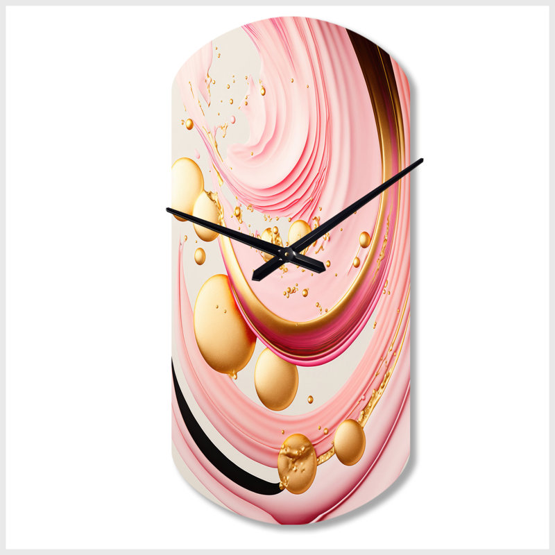 Pink And Gold Abstract Circles II - Abstract Spirals Asymmetrical Metal Clock, Pink Cylinder Wall Clock Print, Small