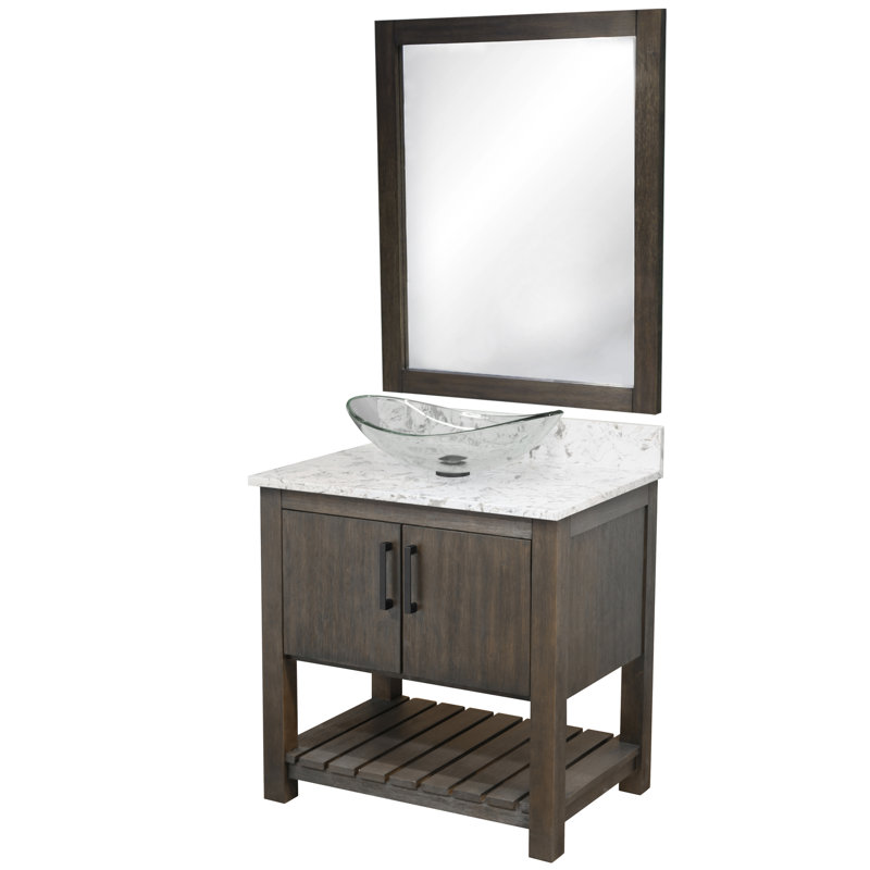 Meuble-lavabo de 30 po avec comptoir en quartz moka et lavabo, quincaillerie et miroir noir mat, Noir mat