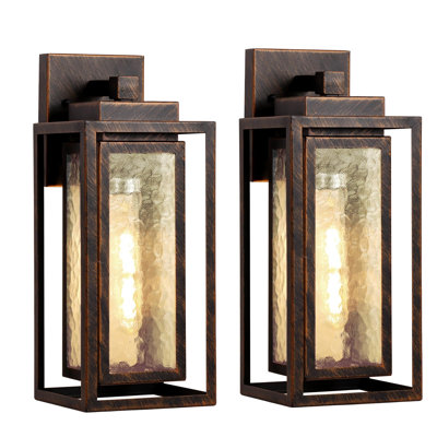 Exterior Porch Light Fixture, Outdoor Wall Sconce Lights, Water Ripple Glass, Rustproof Double Metal Frame, Waterproof, T30 Bulbs Included, 2 Packs, (Gold-Brushed Black)