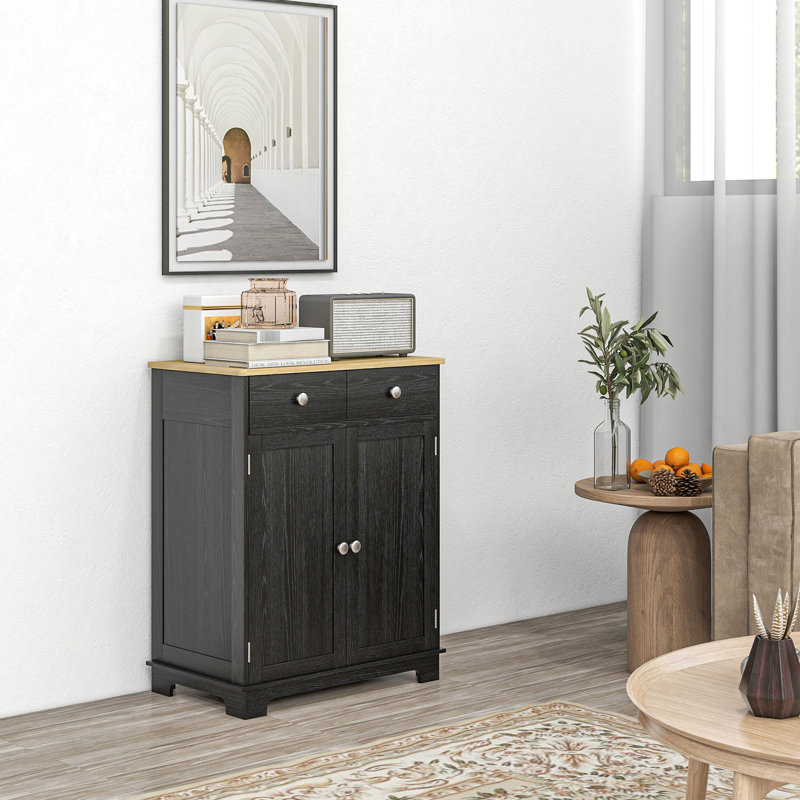 Buffet - 2 tiroirs, portes, tablette réglable en noir patiné avec comptoir en bois massif à finition peinte