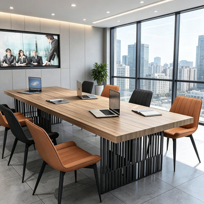 Modern Industrial Solid Wood Long Conference Table, Minimalist Office Desk