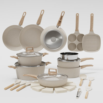 Batterie de cuisine antiadhésive en céramique 31 pièces pour induction - Casseroles et poêles avec poêles à frire, casseroles, marmite, cuiseur vapeur et ustensiles - Blanc