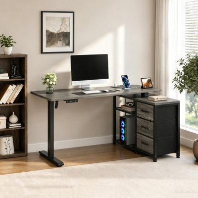 Aderyn 47.2" Height Adjustable L-Shaped Desk With Power Outlets & 3 Drawers, Standing Desk For Home Office