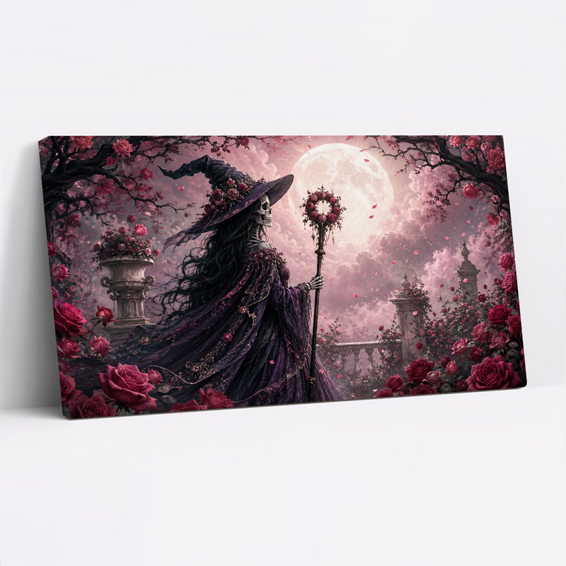 Sorcière squelette en robe violette, jardin de roses sous une toile murale d'Halloween, L 32 po x H 16 po