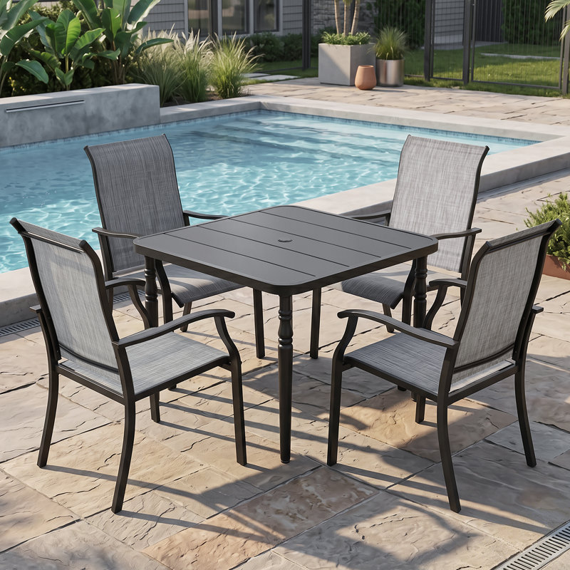 5-piece Patio Textilene Dining Set With Umbrella Hole, Powder Coating, 5 Pieces: Table, 4 Chairs, 28.7" H x 37" W x 37" D