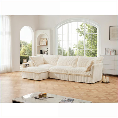 Canapé modulaire, canapé convertible en forme de L pour siège de bureau moderne | Crème | Velours côtelé