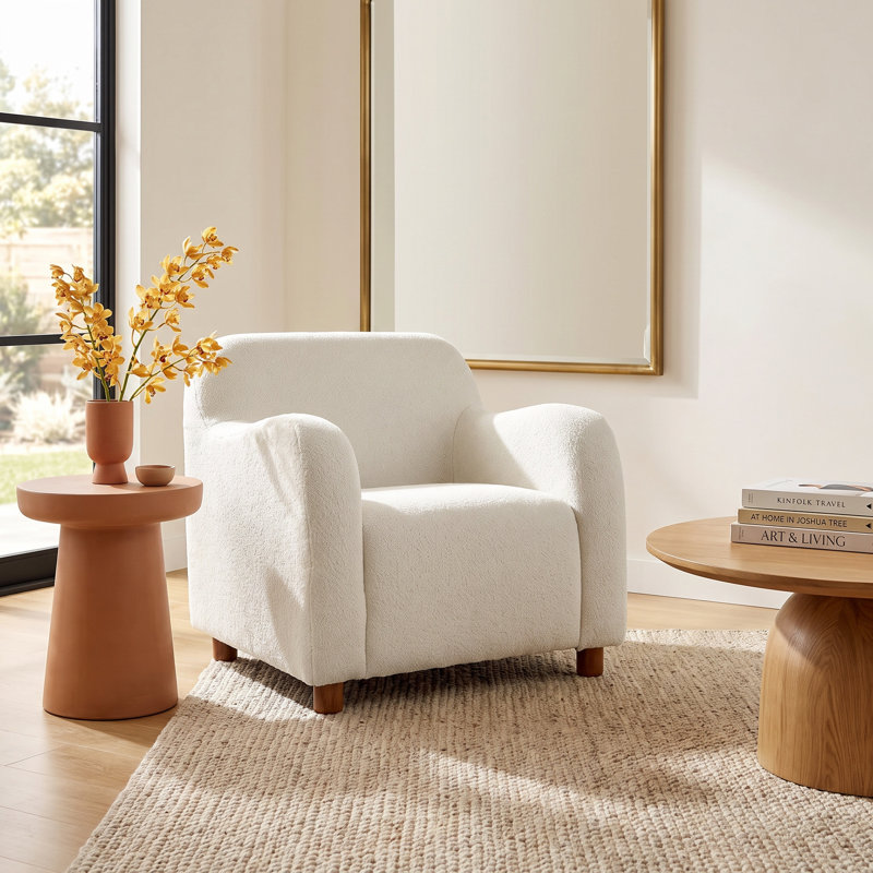 Crestino Berken 35'' Wide Lamb Wool Upholstered Teddy Armchair with Solid Wood Legs, Ivory