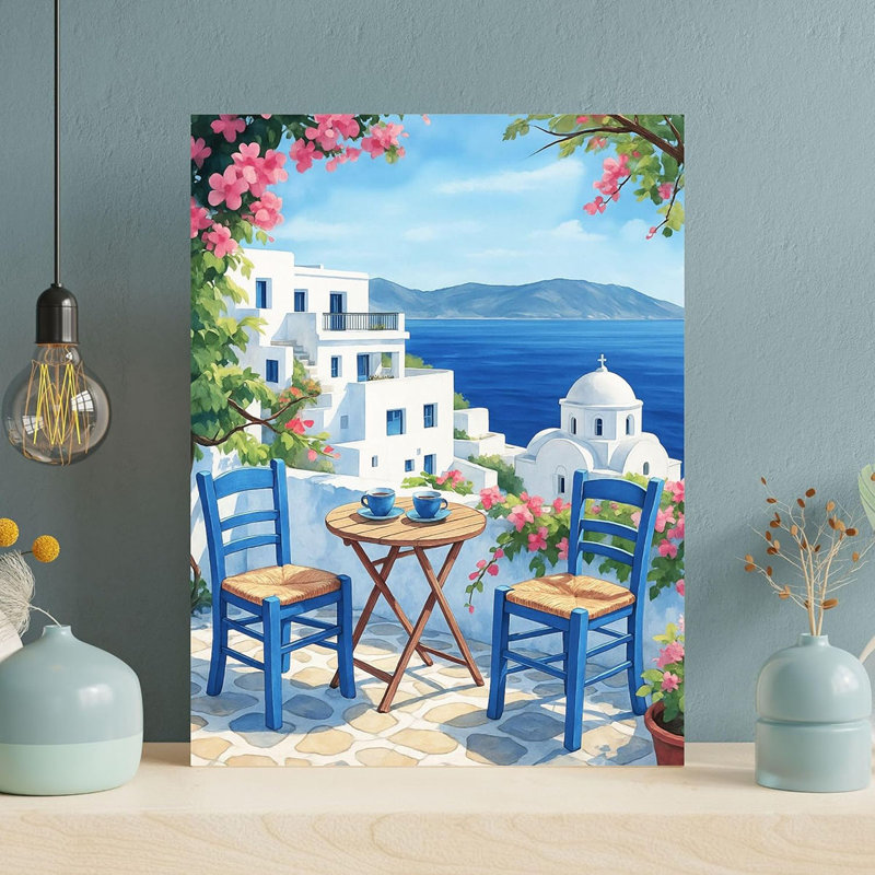 Mediterranean Wall Art Prints - Watercolor Coastal Landscapes of Santorini Greece, Amalfi Coast, Positano & Venice Italy - Aesthetic Summer Travel Decor Posters for Living Room & Bedroom (Greek Coffee, 12x16, Wrapped Canvas)