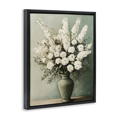 Fleurs blanches dans un cadre flottant dans un vase vert, design par Petal Prints Design