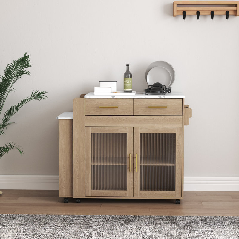 Îlot de cuisine avec table extensible Jamirrah, Naturel / Blanc