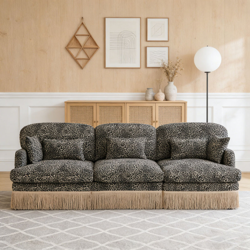 Comfy Chenille Leopard Printing Sofa,Delicate Tassel Edge,Movable Ottomans,Modern Fashion Style, khaki+3seat