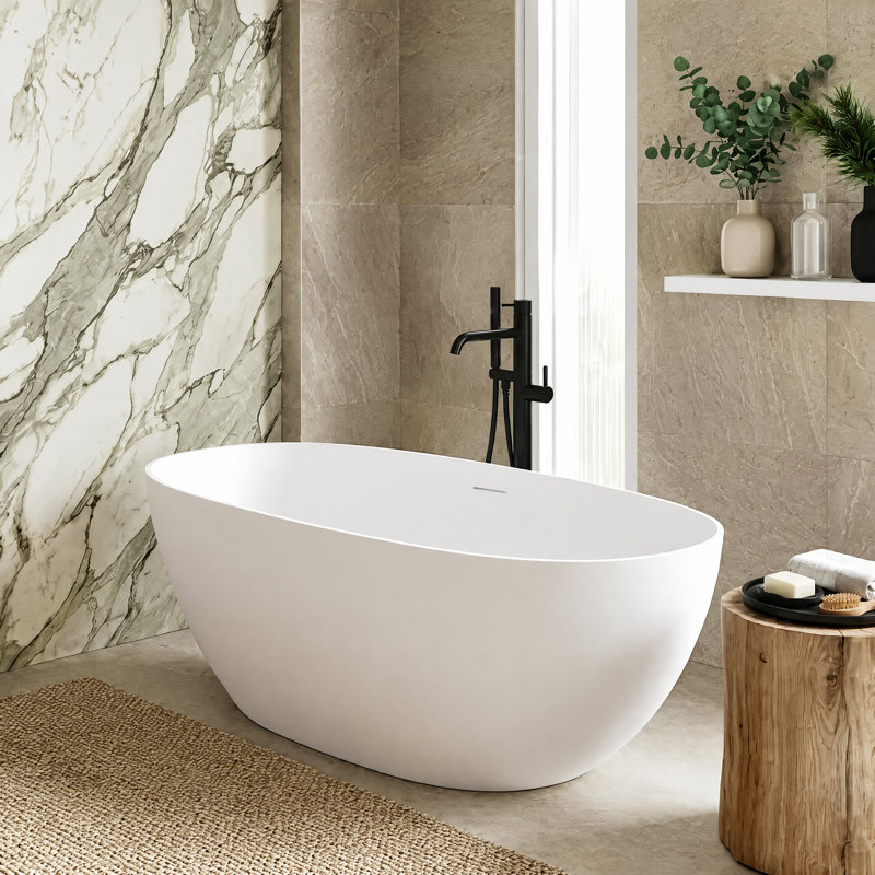 67'' Freestanding Tub Solid Surface Stone Resin Free Standing Soaking Bathtub with Overflow, Pop-up Drain, White