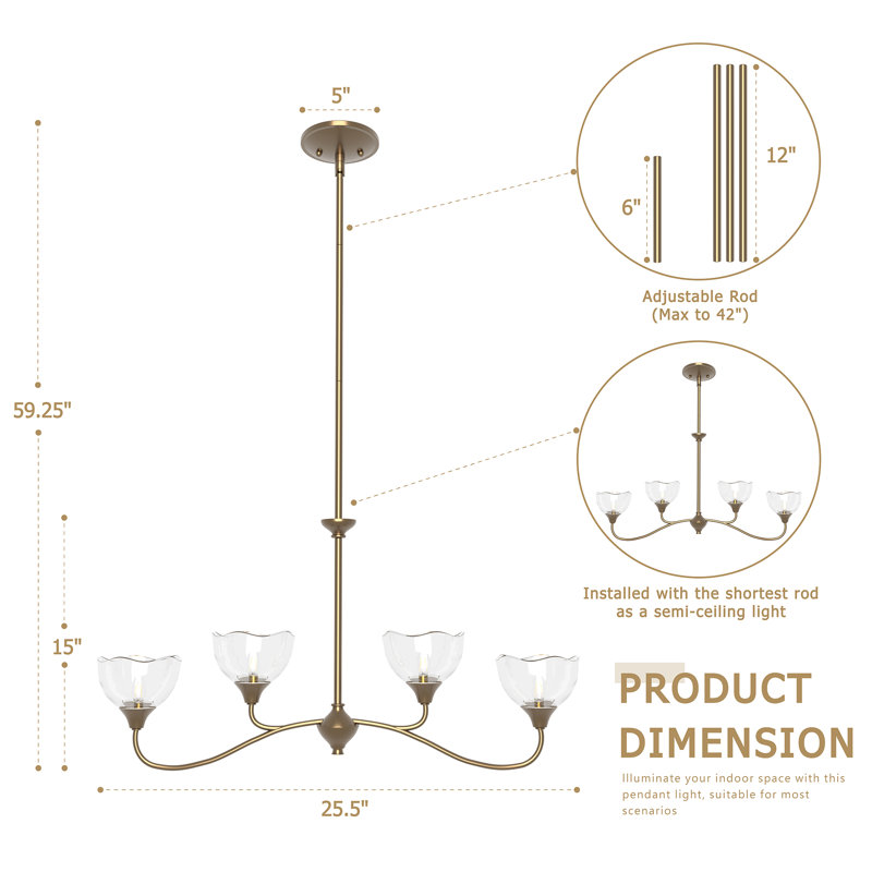 4-light 36"W Antique Brass Modern Linear Pendant with Glass Shade for Dining Room or Kitchen Island, Antique Brass