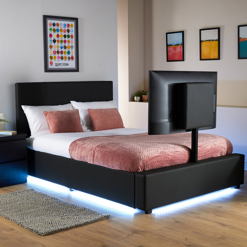 XR Living Ava Upholstered TV Bed with LED Lighting, Black, Double (4'6)