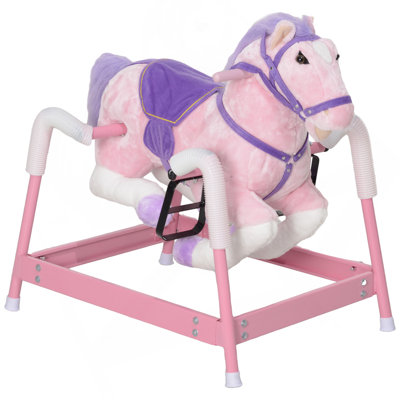 Qaba Spring Rocking Horse, Kids Ride On Horse, Plush Horse Ride-On With Sounds & Foot Stirrups, Saddle For Kids 3-8 Years, Pink
