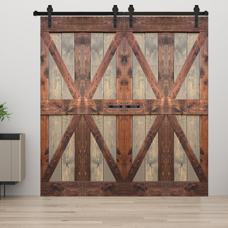 Porte de grange double pliante en bois massif de style K avec ensemble de quincaillerie - Assemblage requis, 72 po x 84 po