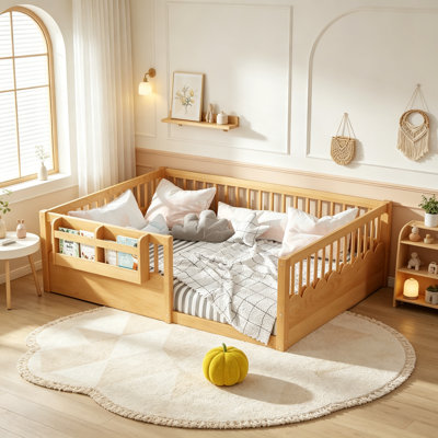 Montessori Floor Bed with Guardrails, Solid Wood Kids Daybed with Storage Rack for Boys Girls, Natural, Full Size