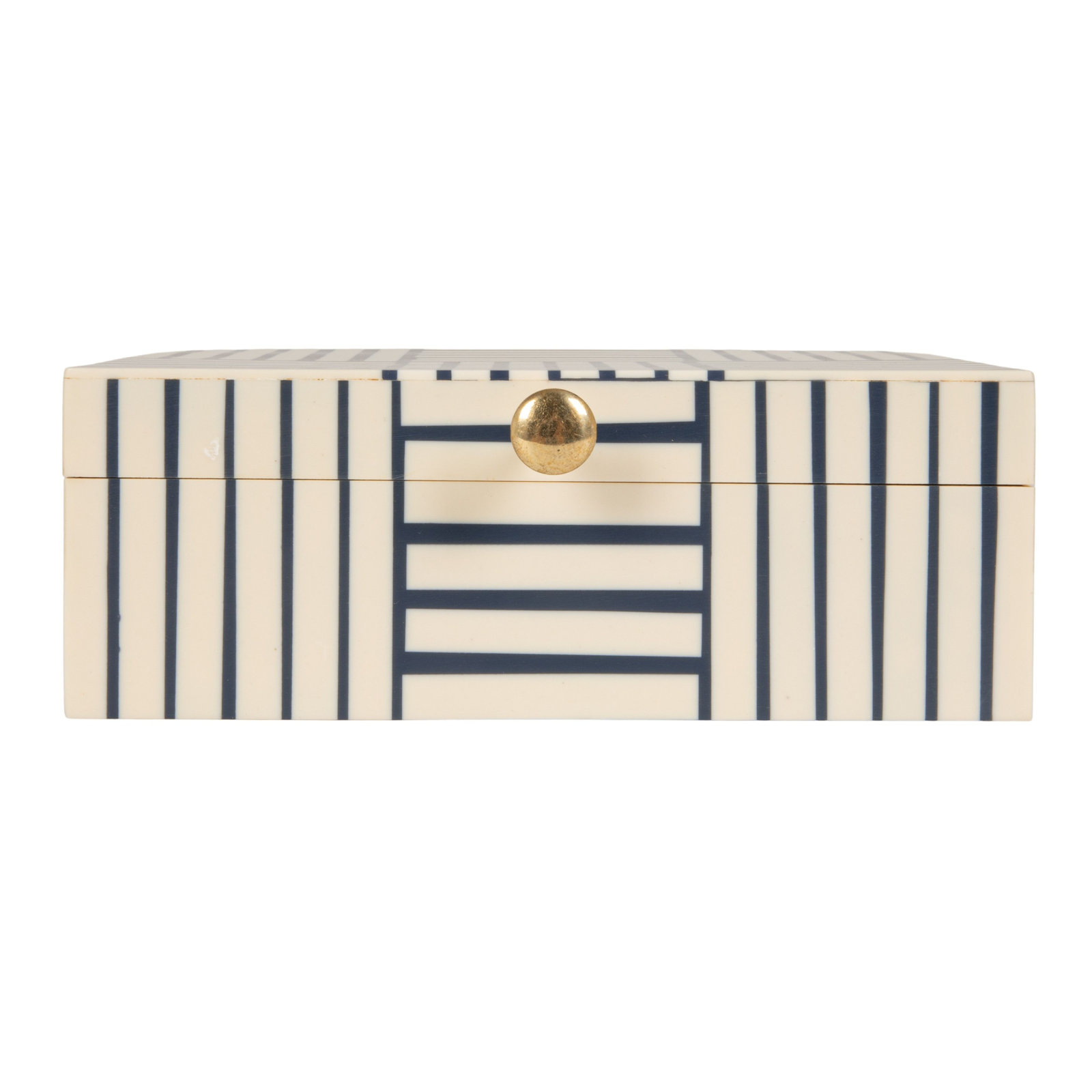 Jona Plastic Storage Box with Striped Block Pattern and Gold Knob, Blue