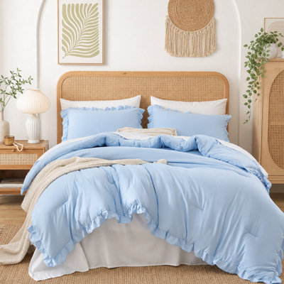 Ruffle Comforter Set 3 Pieces-Bedding for All Seasons Fluffy Vintage Farmhouse Comforter With Two Pillowcases