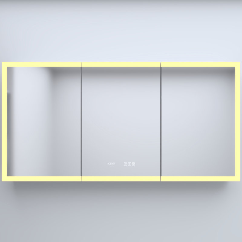 60 po Armoire à pharmacie rectangulaire en aluminium argenté de largeur X 30 de hauteur avec DEL intégrée, tablettes réglables en verre trempé, fermeture silencieuse, horloge miroir en aluminium à contrôle de luminosité de 10% à 100%,