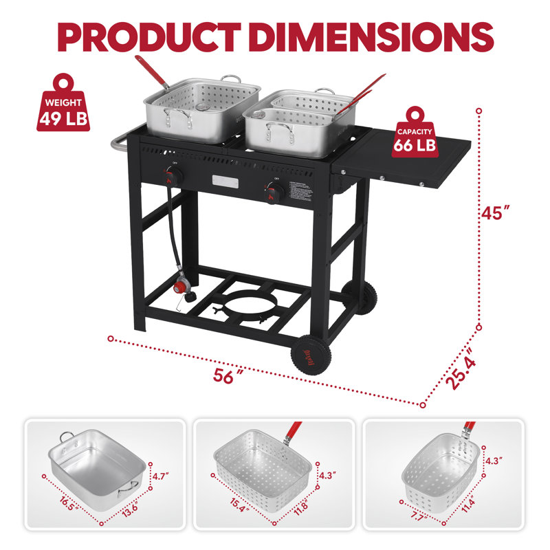  FEASTO Outdoor Propane Deep Fryer with Movable Cart, 2-Burner Independent Control Stove with 100,000 BTU, 2 x 18QT Aluminum Pots, Fryer for Fish, Fries & Chicken, CSA Certified