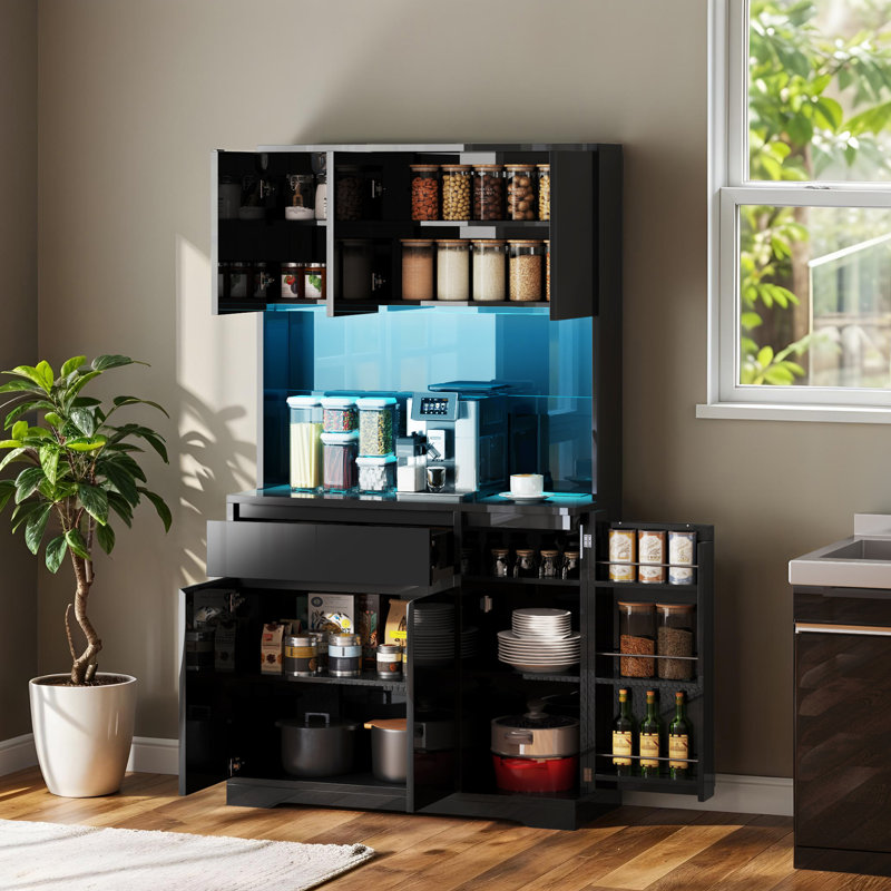 Armoire de cuisine moderne ultrabrillante avec éclairage à DEL, ports USB et beaucoup de rangement, Noir, noir, noir, noir