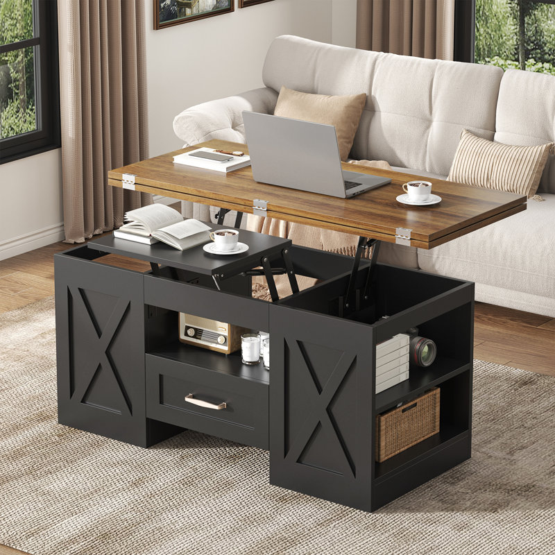 Lift Top Coffee Table, 39.37" Large Wooden Farmhouse Coffee Table With Drawer & Open Storage Shelves, Rectangular Living Room Table, Center Table For Living Room, Home Office, Brown/Black