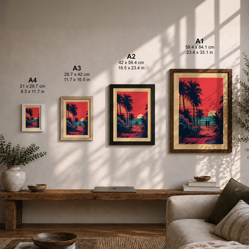 Tropical Sunset Palms Retro - Framed Print, A1 - 84.1 x 59.4 cm, White