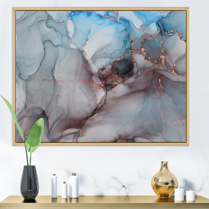 " Grey And Blue Liquid Art ", Maple Floater Framed, 16" H x 32" W
