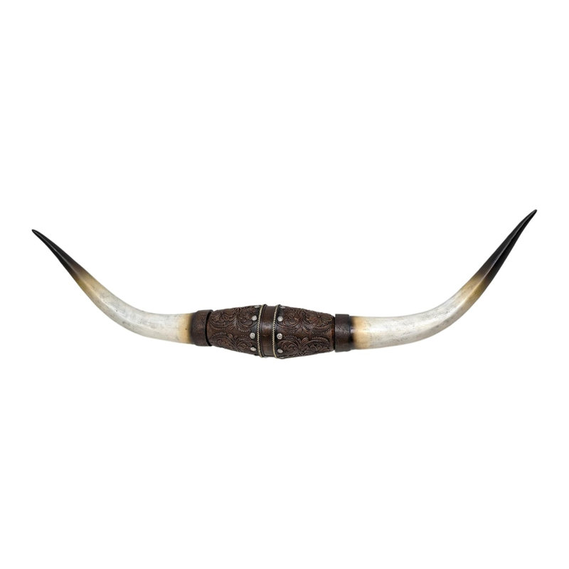 Resin Wall Decor Faux Bull Longhorn Skull with Tooled Leather Pattern Western Southwestern Rustic Style