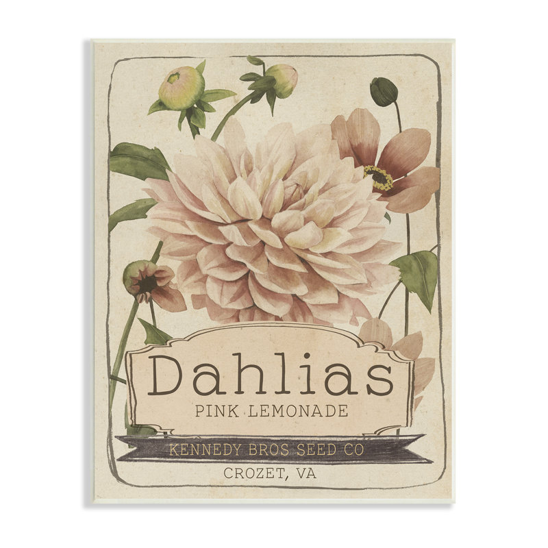 «Pink Lemonade Dahlias Vintage Floral Seed Packet White», estampe numérique giclée par Studio W, Plaque de bois