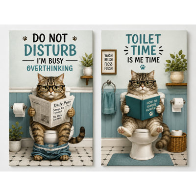 Grand ensemble de 2 chats rigolos, art mural pour la salle de bain