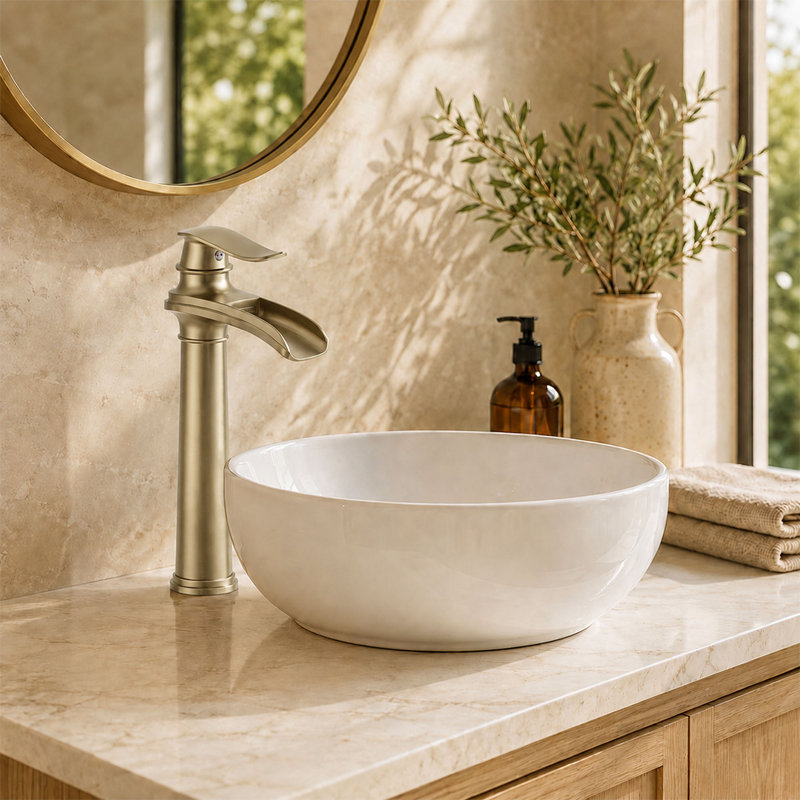 VanoFall Waterfall Vessel Gold Single Hole, Single Handle With Drain Assembly, Brushed Gold