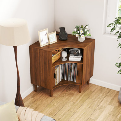 Record Player Stand with Charging Station, Turntable Stand with Record Storage, Freestanding Vinyl Record Storage Cabinet with Sliding Doors and Shelv