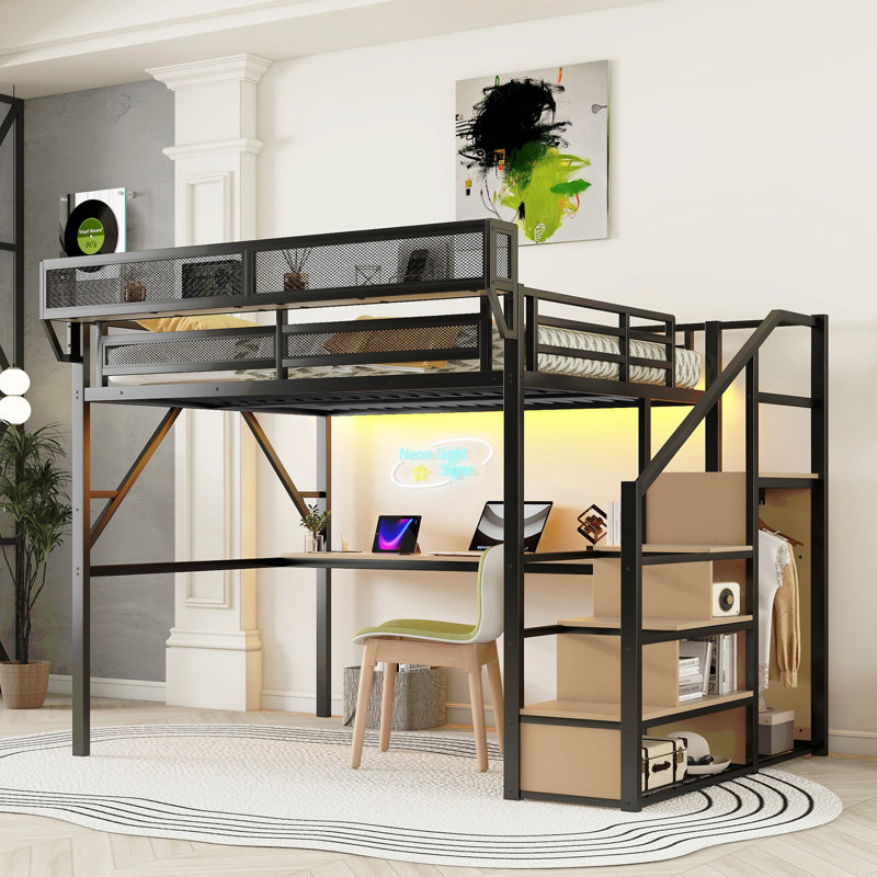 Grand lit mezzanine avec bureau et station de charge, grand lit mezzanine en métal avec escalier et lumière pour enfants adolescents