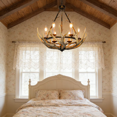 Lustre rustique en bois de cerf avec cadre de roue de chariot, luminaire de ferme 6 lumières pour salle à manger, salon, cuisine ou vestibule, design brun rétro