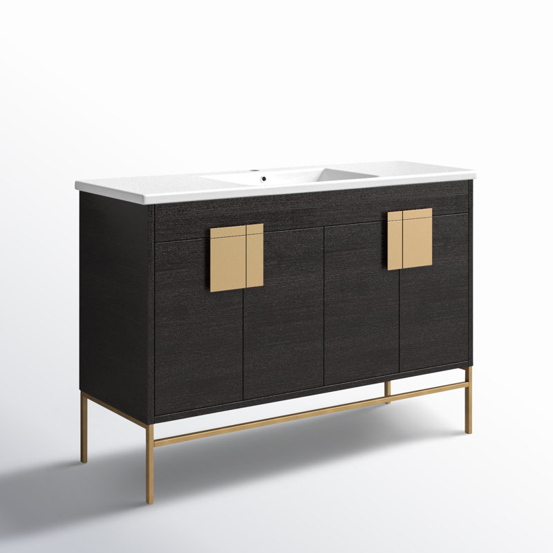 Maisie 48'' Single Bathroom Vanity with Ceramic Top, Black Straight Grain, Satin Brass